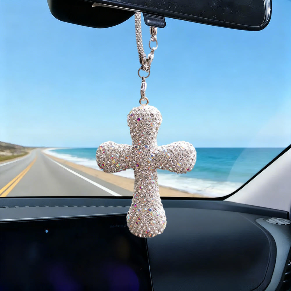 Christianartworkshop Autoanhänger mit kristallverziertem Kreuz: Strahlender Glaube für jede Reise - Weiß - image 2
