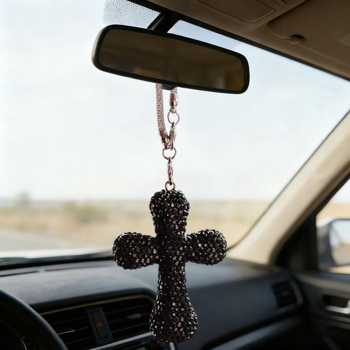 Christianartworkshop Autoanhänger mit kristallverziertem Kreuz: Strahlender Glaube für jede Reise - Schwarz - image 1