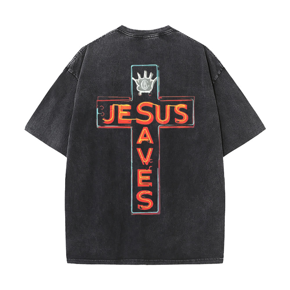Christianartworkshop Jesus Saves Cross Grafik Unisex Washed T-Shirt - Schwarz - 5XL - image 2