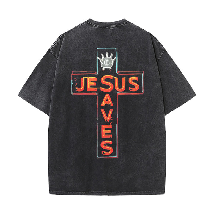 Christianartworkshop Jesus Saves Cross Grafik Unisex Washed T-Shirt - Schwarz - 5XL - image 2