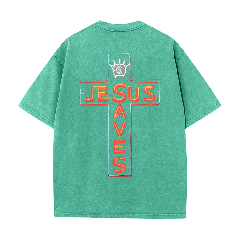 Christianartworkshop Jesus Saves Cross Grafik Unisex Washed T-Shirt - Grün - 5XL - image 12