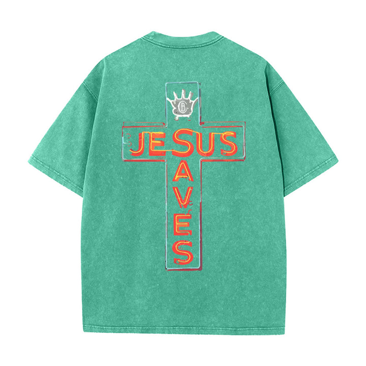 Christianartworkshop Jesus Saves Cross Grafik Unisex Washed T-Shirt - Grün - 5XL - image 12