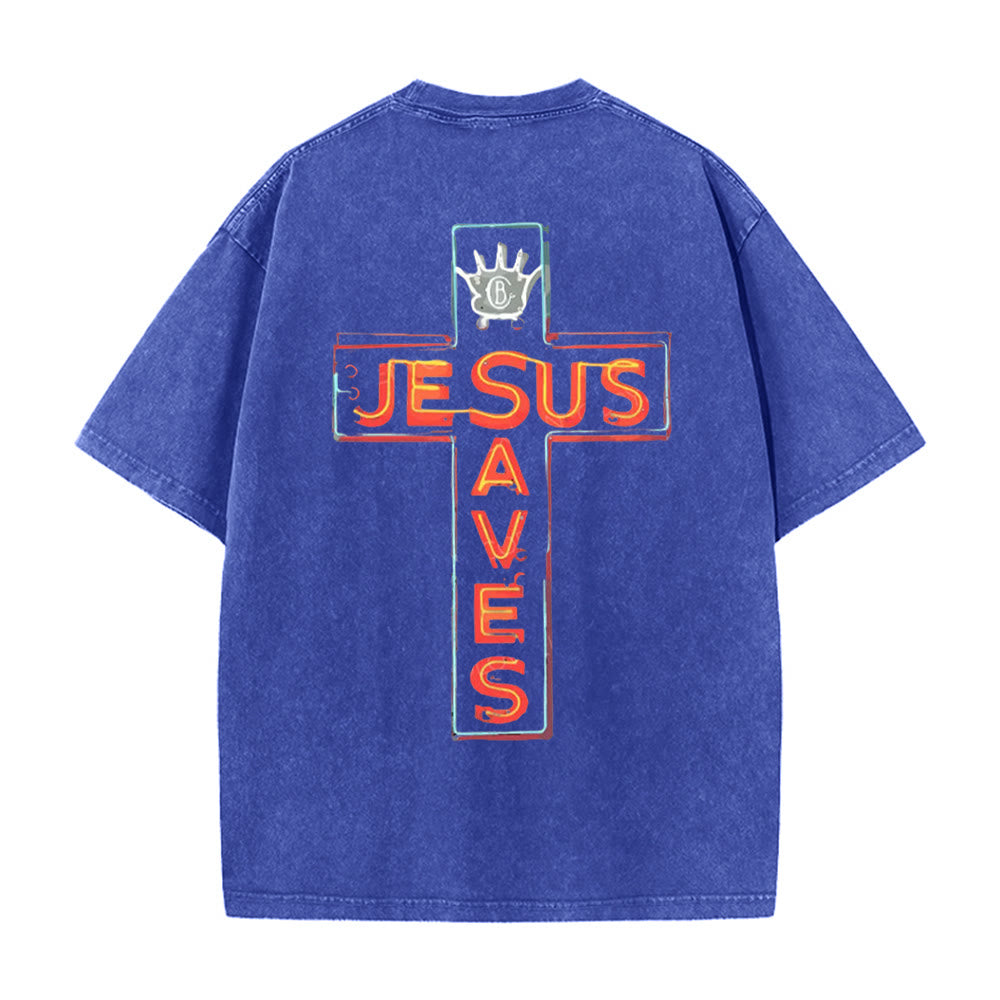 Christianartworkshop Jesus Saves Cross Grafik Unisex Washed T-Shirt - Blau - 5XL - image 0