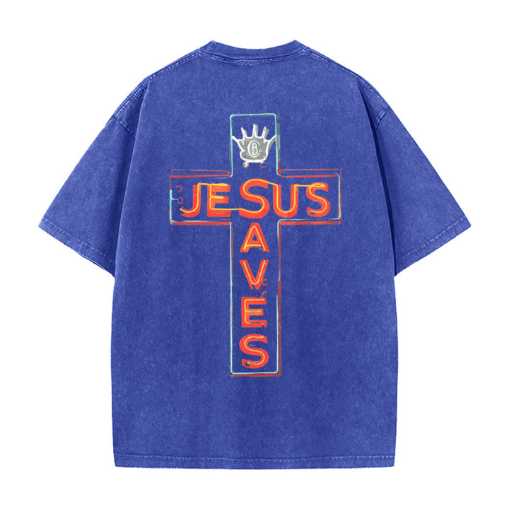 Christianartworkshop Jesus Saves Cross Grafik Unisex Washed T-Shirt - Blau - 5XL - image 0