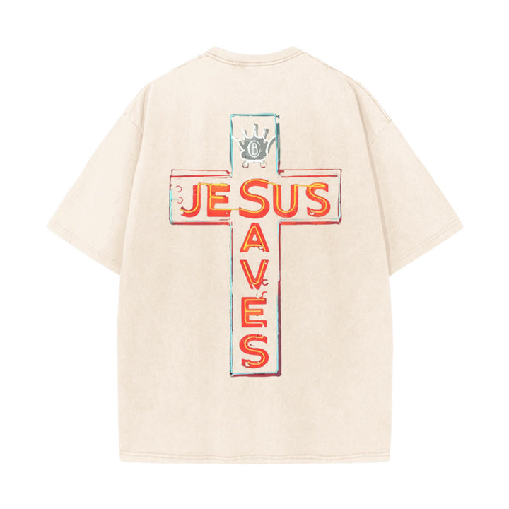 Christianartworkshop Jesus Saves Cross Grafik Unisex Washed T-Shirt - Beige - 5XL - image 4