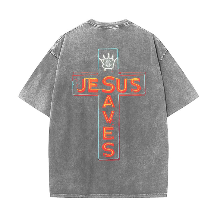 Christianartworkshop Jesus Saves Cross Grafik Unisex Washed T-Shirt - Grau - 5XL - image 6