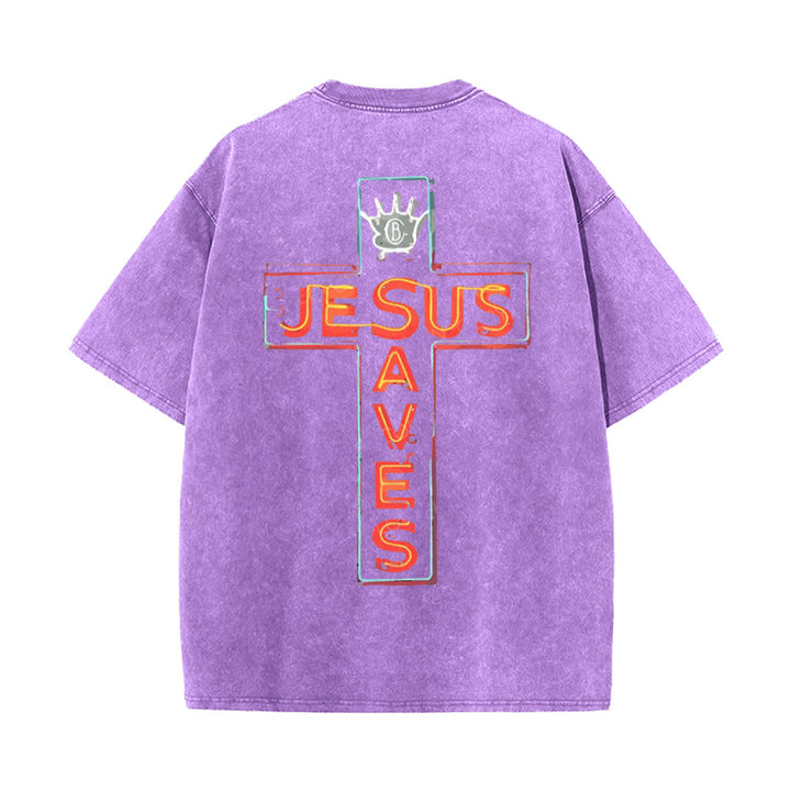 Christianartworkshop Jesus Saves Cross Grafik Unisex Washed T-Shirt - Lila - 5XL - image 14