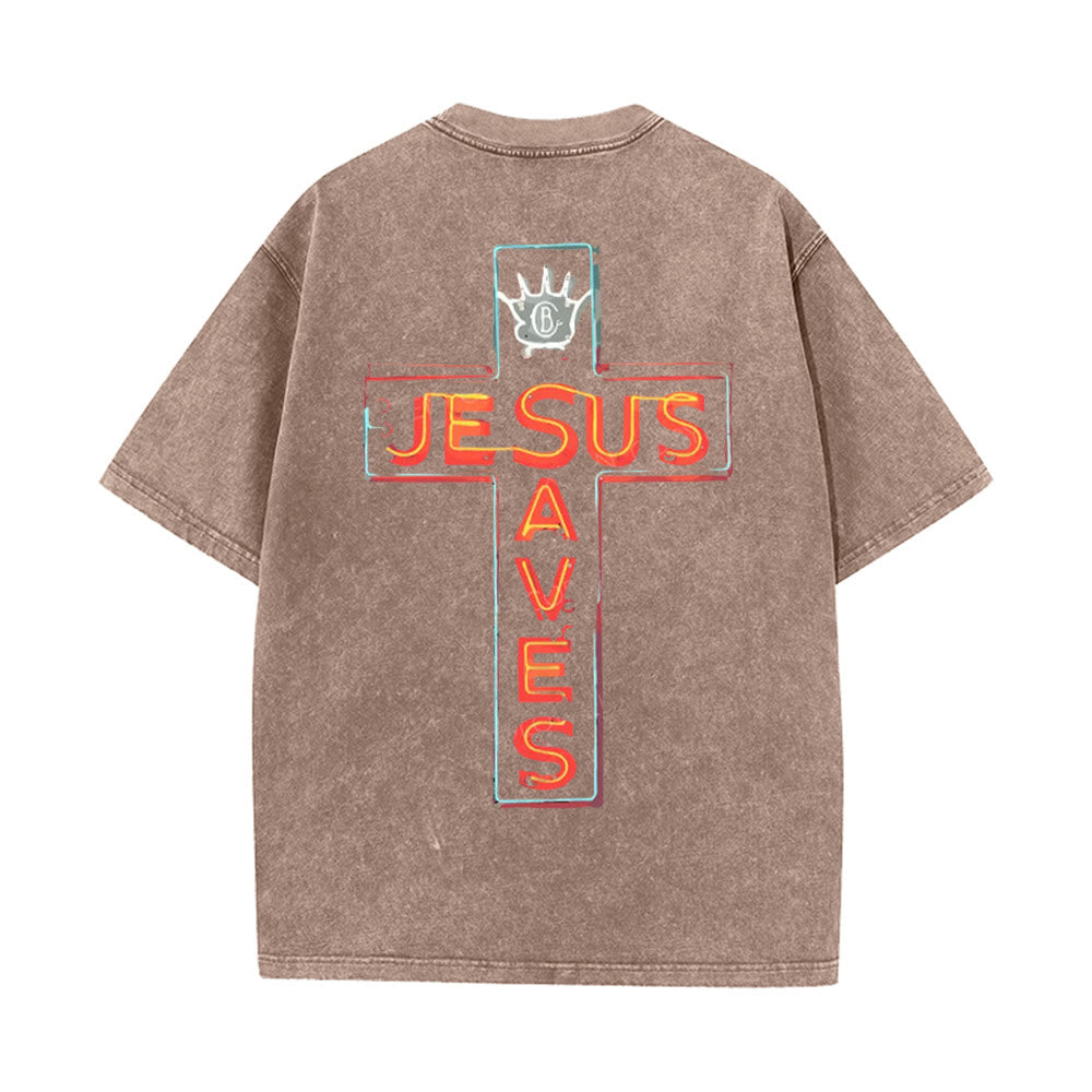 Christianartworkshop Jesus Saves Cross Grafik Unisex Washed T-Shirt - Braun - 5XL - image 8