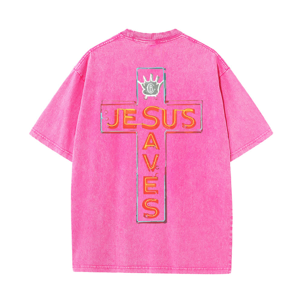 Christianartworkshop Jesus Saves Cross Grafik Unisex Washed T-Shirt - Rosa - 5XL - image 10