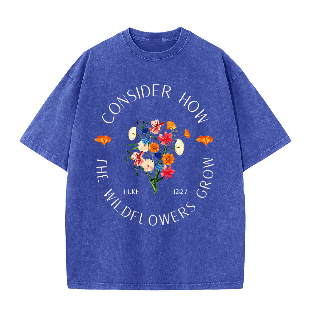 Christianartworkshop „Betrachte, wie die Wildblumen wachsen“ Unisex-T-Shirt (vorgewaschen) - Blau - 5XL - image 3