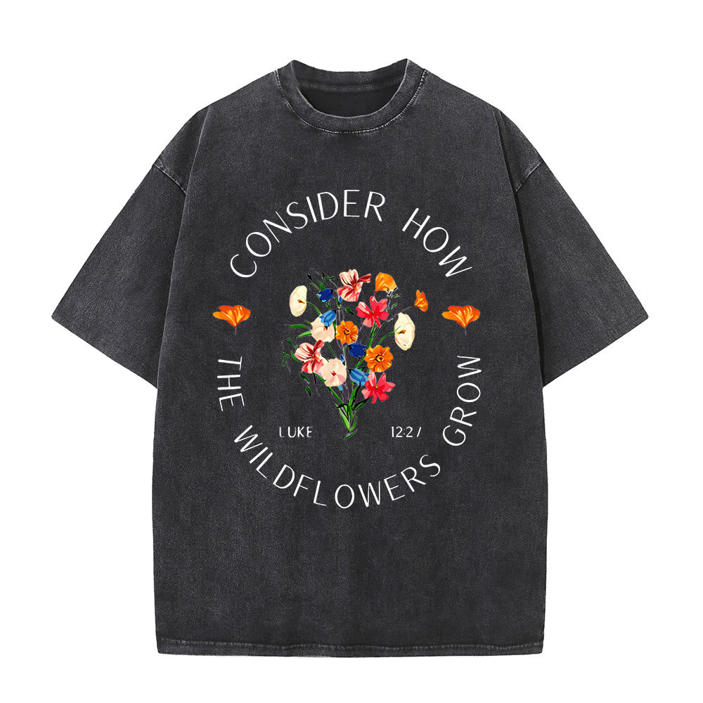 Christianartworkshop „Betrachte, wie die Wildblumen wachsen“ Unisex-T-Shirt (vorgewaschen) - Schwarz - 5XL - image 0