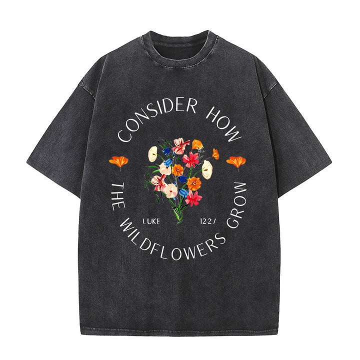 Christianartworkshop „Betrachte, wie die Wildblumen wachsen“ Unisex-T-Shirt (vorgewaschen) - Schwarz - 5XL - image 0