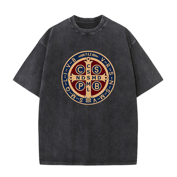 Christianartworkshop St. Benedikt Medaille Heiliges Kreuz Unisex gewaschenes T-Shirt - Schwarz - 5XL - image 0