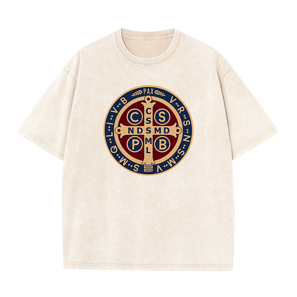 Christianartworkshop St. Benedikt Medaille Heiliges Kreuz Unisex gewaschenes T-Shirt - Aprikose - 5XL - image 8