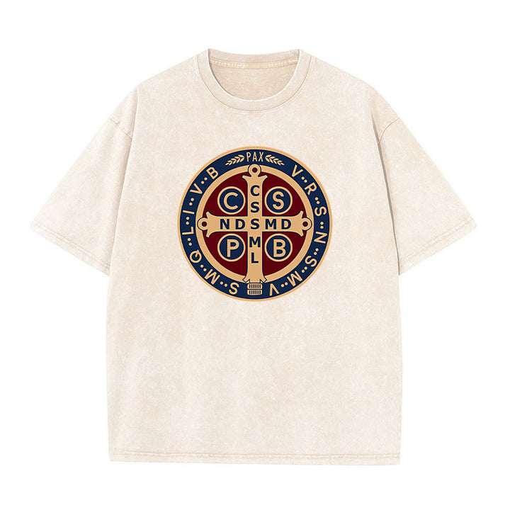 Christianartworkshop St. Benedikt Medaille Heiliges Kreuz Unisex gewaschenes T-Shirt - Aprikose - 5XL - image 8