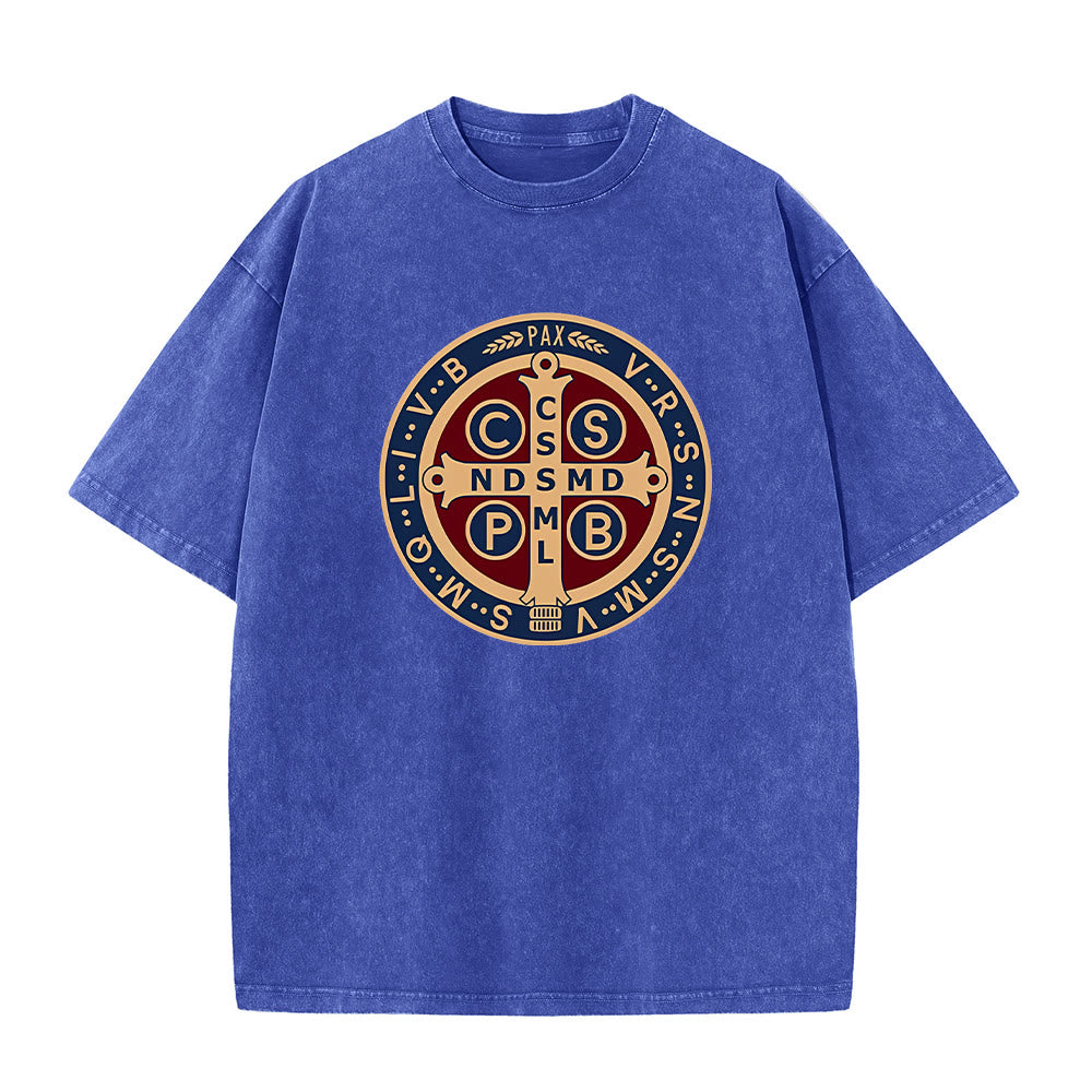 Christianartworkshop St. Benedikt Medaille Heiliges Kreuz Unisex gewaschenes T-Shirt - Blau - 5XL - image 3