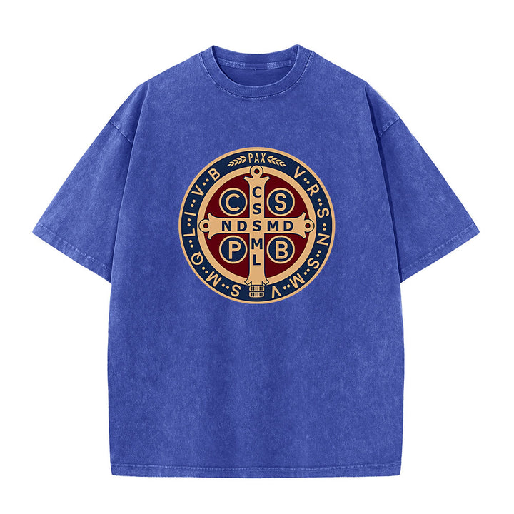 Christianartworkshop St. Benedikt Medaille Heiliges Kreuz Unisex gewaschenes T-Shirt - Blau - 5XL - image 3