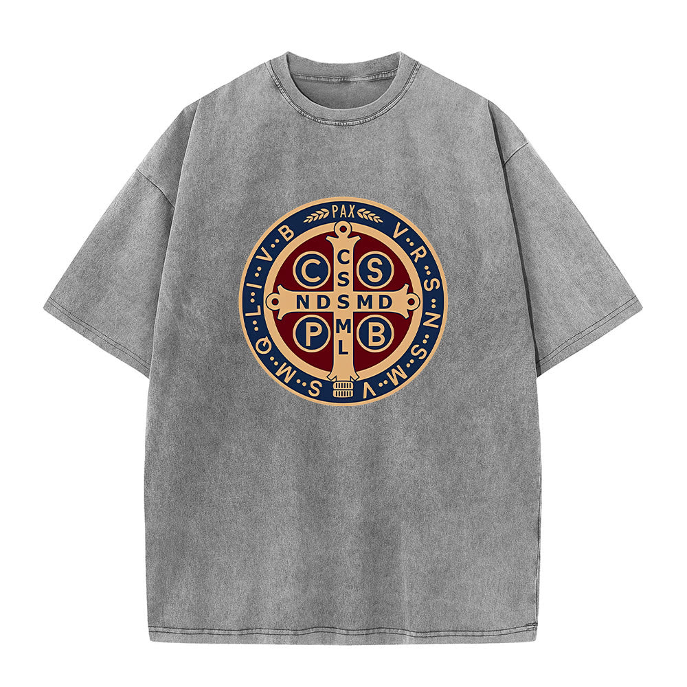 Christianartworkshop St. Benedikt Medaille Heiliges Kreuz Unisex gewaschenes T-Shirt - Grau - 5XL - image 4