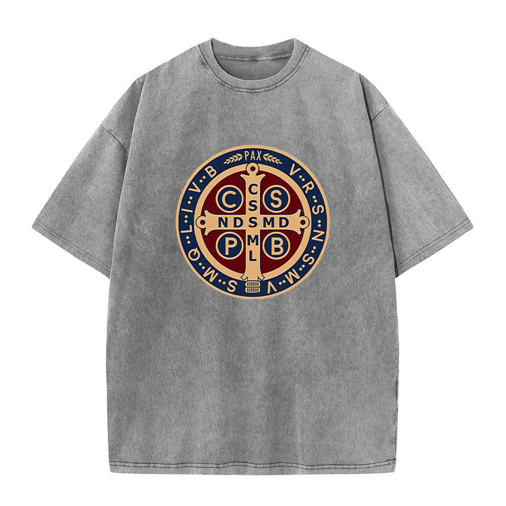 Christianartworkshop St. Benedikt Medaille Heiliges Kreuz Unisex gewaschenes T-Shirt - Grau - 5XL - image 4