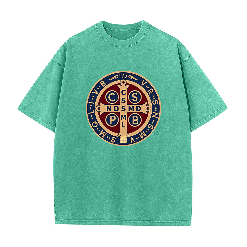 Christianartworkshop St. Benedikt Medaille Heiliges Kreuz Unisex gewaschenes T-Shirt - Grün - 5XL - image 10
