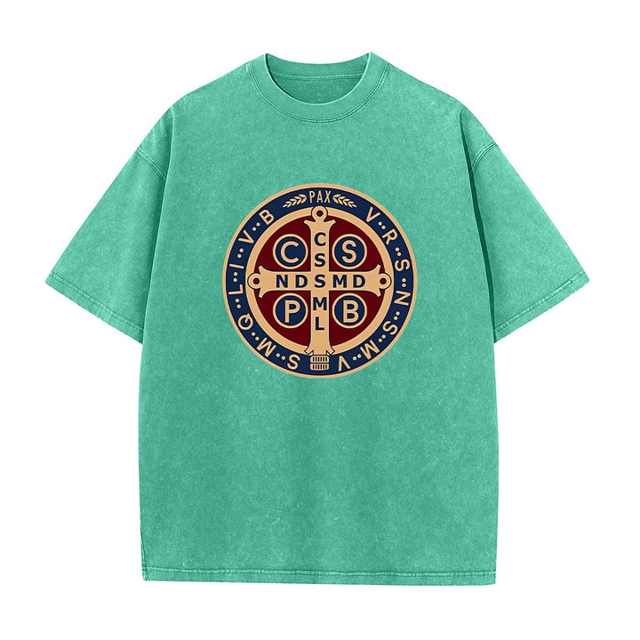 Christianartworkshop St. Benedikt Medaille Heiliges Kreuz Unisex gewaschenes T-Shirt - Grün - 5XL - image 10