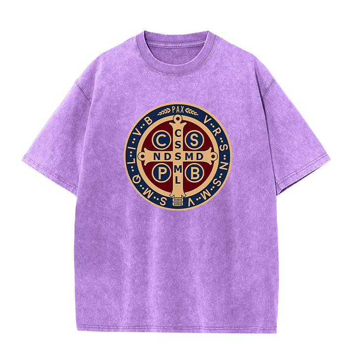 Christianartworkshop St. Benedikt Medaille Heiliges Kreuz Unisex gewaschenes T-Shirt - Lila - 5XL - image 9