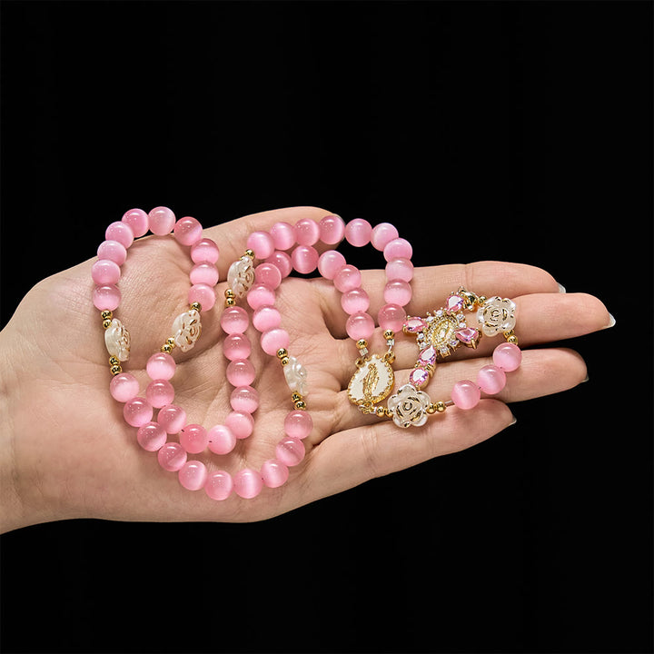 Christianartworkshop Rosenkranz mit Katzenaugen- und Rosenmotiv in Lavendel und Rosa: Heilige Mutter als Mittelpunkt für sanftes Gebet - image 10