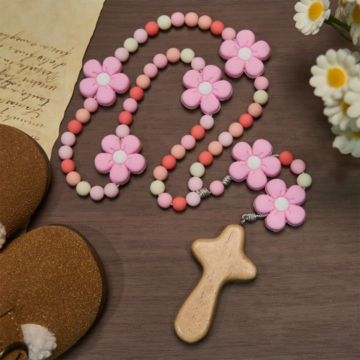 Christianartworkshop Buntes Rosenkranz-Set für Kinder: Weiche Silikonblumen in Rosa, Lila und Blau für das erste Gebet - image 2