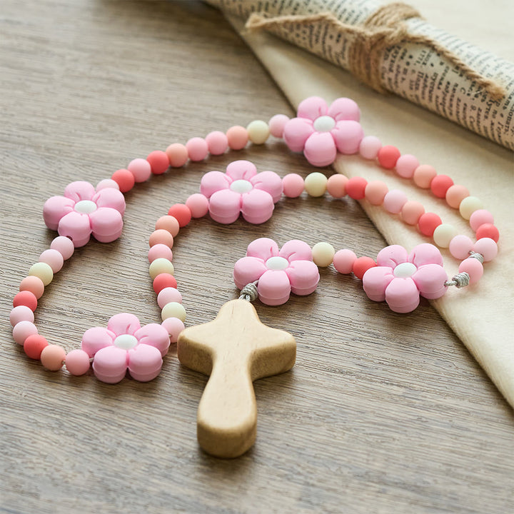 Christianartworkshop Buntes Rosenkranz-Set für Kinder: Weiche Silikonblumen in Rosa, Lila und Blau für das erste Gebet - image 5