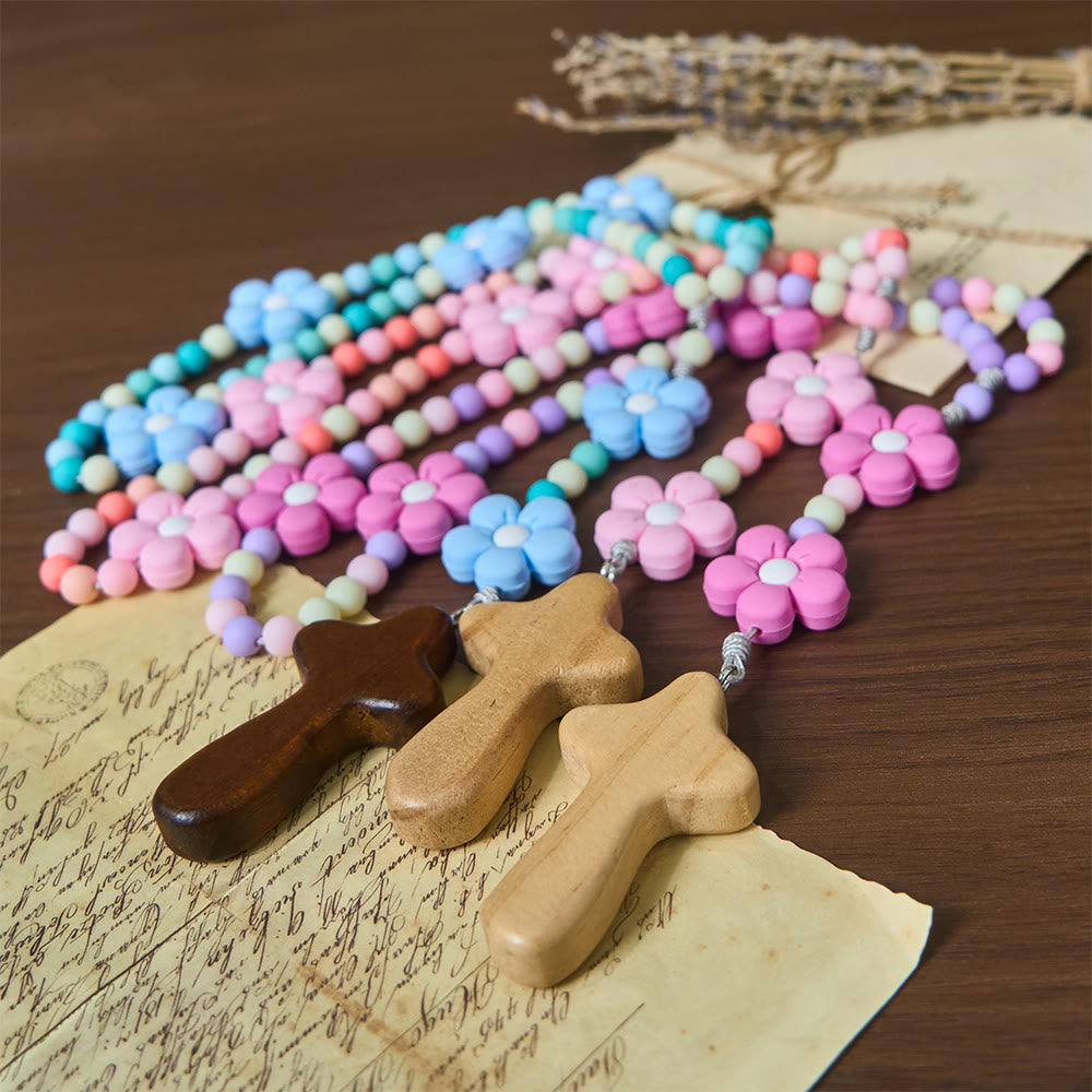 Christianartworkshop Buntes Rosenkranz-Set für Kinder: Weiche Silikonblumen in Rosa, Lila und Blau für das erste Gebet - image 1