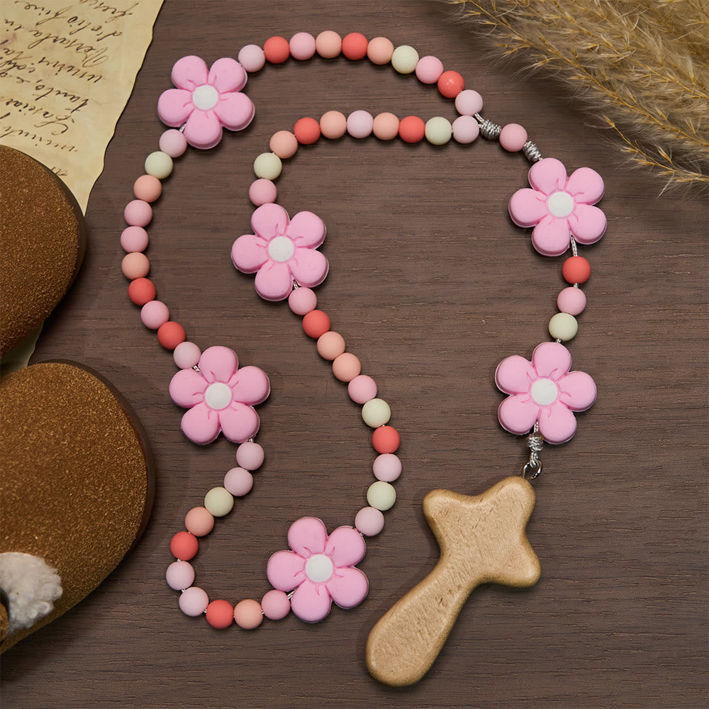 Christianartworkshop Buntes Rosenkranz-Set für Kinder: Weiche Silikonblumen in Rosa, Lila und Blau für das erste Gebet - Rosa - image 0