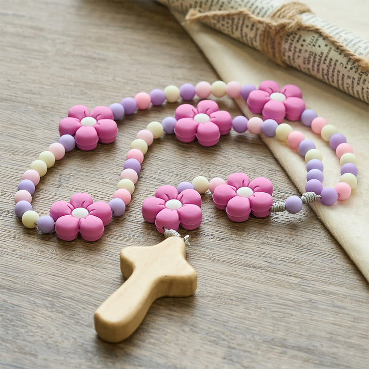 Christianartworkshop Buntes Rosenkranz-Set für Kinder: Weiche Silikonblumen in Rosa, Lila und Blau für das erste Gebet - image 11