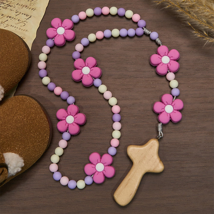 Christianartworkshop Buntes Rosenkranz-Set für Kinder: Weiche Silikonblumen in Rosa, Lila und Blau für das erste Gebet - Lila - image 8