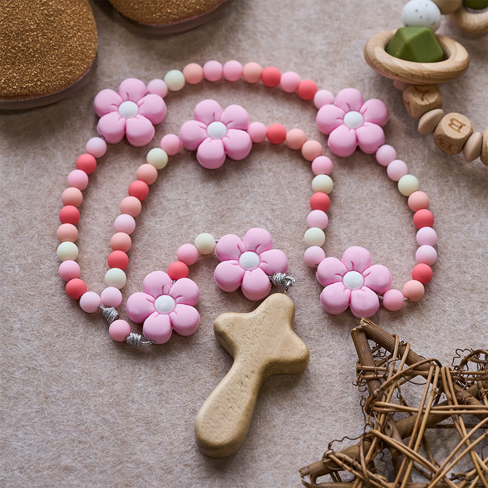 Christianartworkshop Buntes Rosenkranz-Set für Kinder: Weiche Silikonblumen in Rosa, Lila und Blau für das erste Gebet - image 3