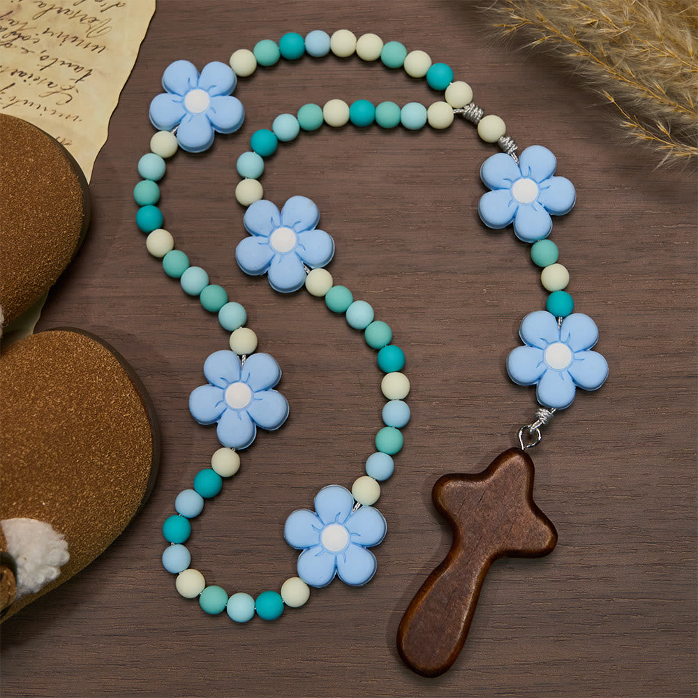 Christianartworkshop Buntes Rosenkranz-Set für Kinder: Weiche Silikonblumen in Rosa, Lila und Blau für das erste Gebet - Blau - image 15