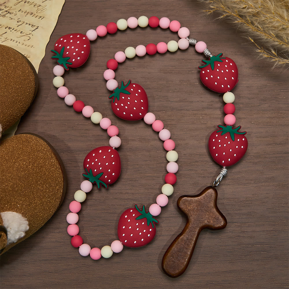 Christianartworkshop Erdbeerrosenkranz für Kinder: Zarte Beeren und rosa-weiße Perlen für junge Gläubige - Erdbeere - image 0