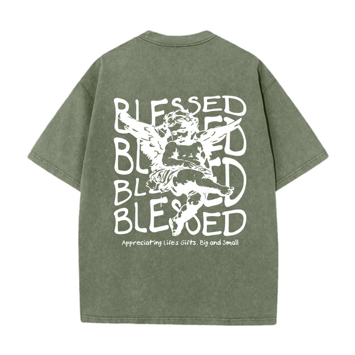 Christianartworkshop Inspiriertes „Blessed“-T-Shirt mit Engelsmotiv, Unisex, gewaschen - Armeegrün - 5XL - image 6