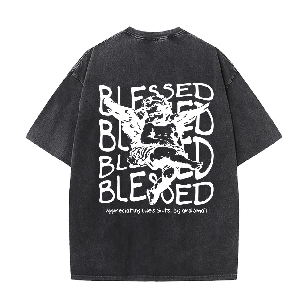 Christianartworkshop Inspiriertes „Blessed“-T-Shirt mit Engelsmotiv, Unisex, gewaschen - Schwarz - 5XL - image 2