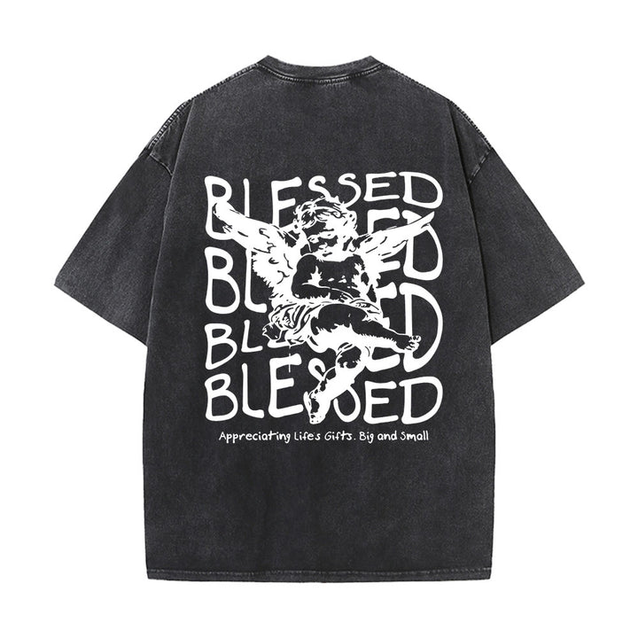 Christianartworkshop Inspiriertes „Blessed“-T-Shirt mit Engelsmotiv, Unisex, gewaschen - Schwarz - 5XL - image 2