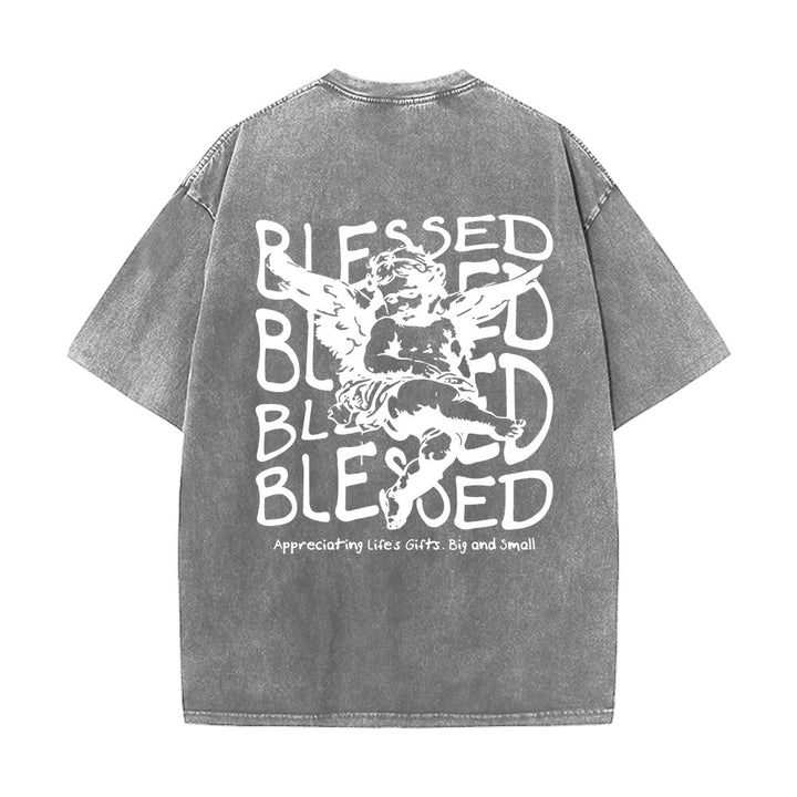 Christianartworkshop Inspiriertes „Blessed“-T-Shirt mit Engelsmotiv, Unisex, gewaschen - Grau - 5XL - image 8
