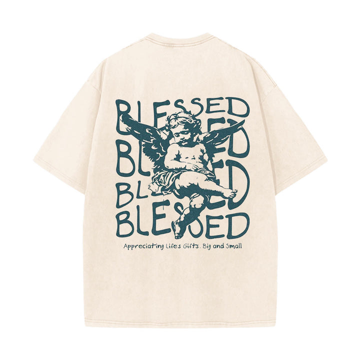 Christianartworkshop Inspiriertes „Blessed“-T-Shirt mit Engelsmotiv, Unisex, gewaschen - Aprikose - 5XL - image 0