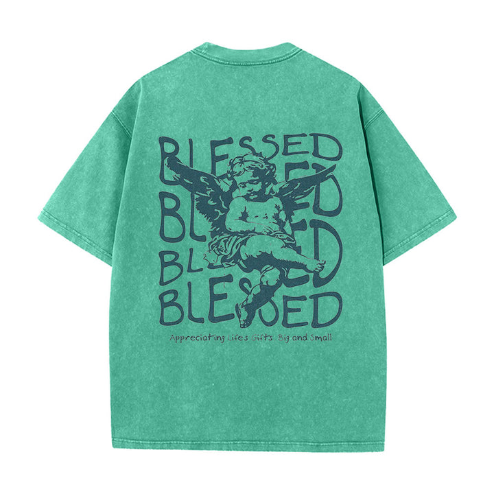 Christianartworkshop Inspiriertes „Blessed“-T-Shirt mit Engelsmotiv, Unisex, gewaschen - Grün - 5XL - image 4