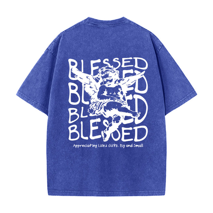 Christianartworkshop Inspiriertes „Blessed“-T-Shirt mit Engelsmotiv, Unisex, gewaschen - Blau - 5XL - image 16