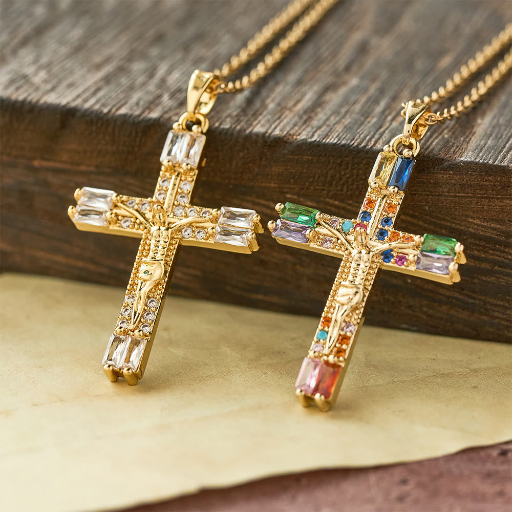 Christianartworkshop Halskette mit Kreuz aus Titanstahl im Retro-Böhmen-Stil mit farbigen Zirkoniasteinen - image 1