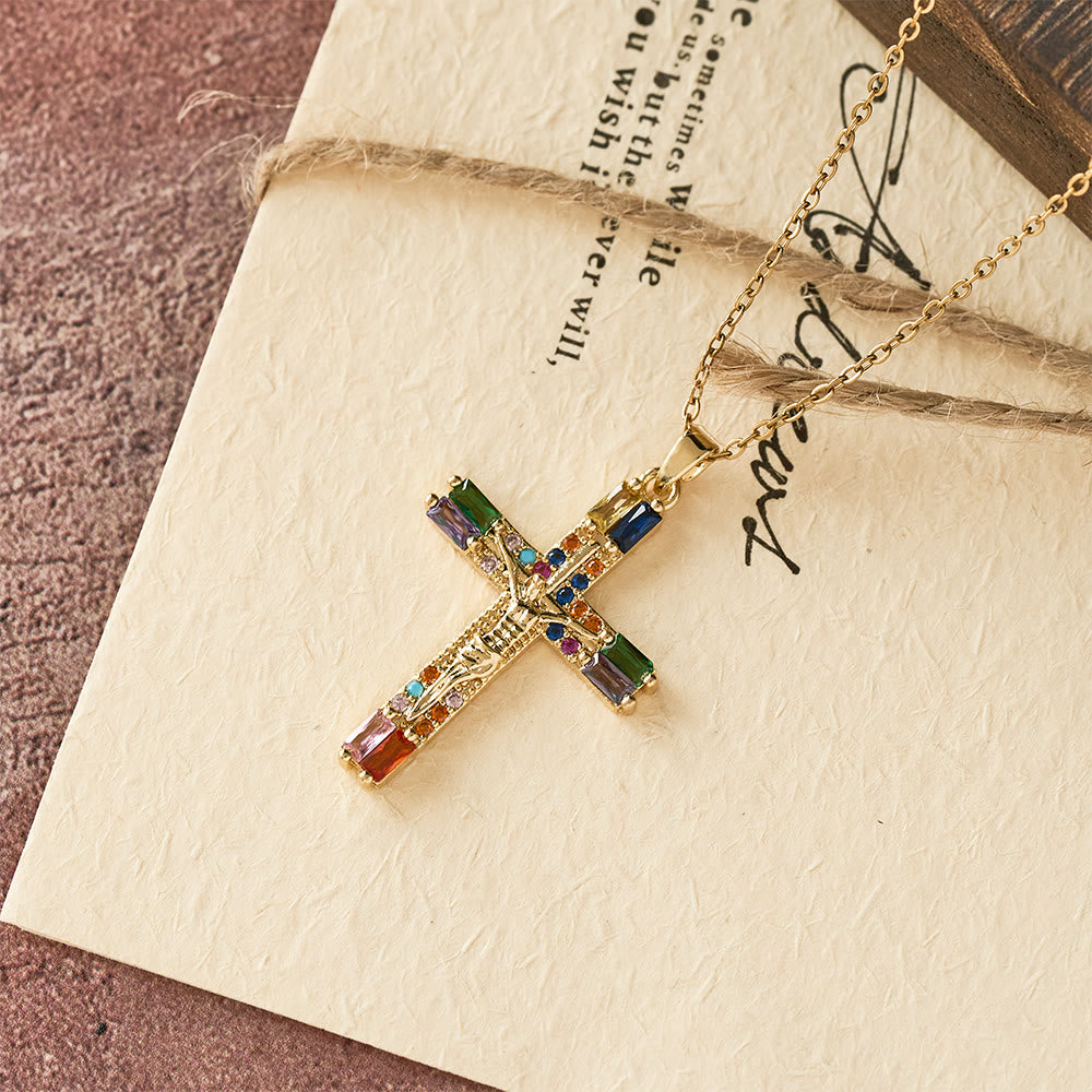 Christianartworkshop Halskette mit Kreuz aus Titanstahl im Retro-Böhmen-Stil mit farbigen Zirkoniasteinen - image 3