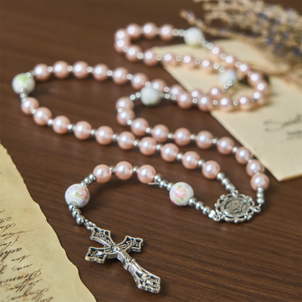 Christianartworkshop Wundertätige Medaille und Kruzifix aus 8 mm rundem, mehrfarbigem Perlen-Rosenkranz aus Nylonschnur - Rosa - image 1