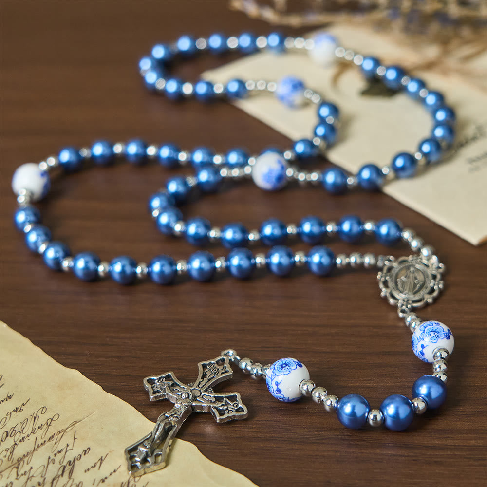 Christianartworkshop Wundertätige Medaille und Kruzifix aus 8 mm rundem, mehrfarbigem Perlen-Rosenkranz aus Nylonschnur - Blau - image 2