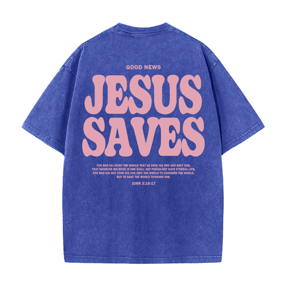 Christianartworkshop Jesus Saves Unisex Washed T-Shirt - Blau - 5XL - image 10