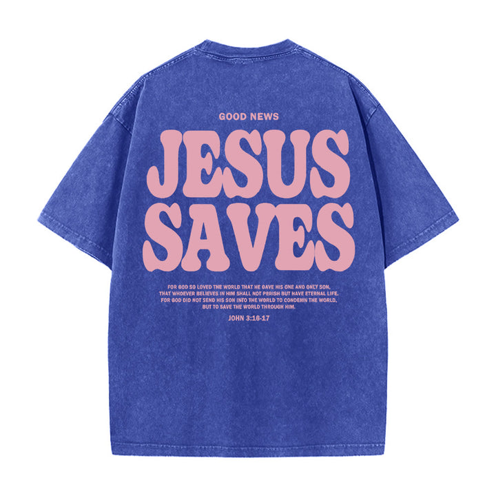 Christianartworkshop Jesus Saves Unisex Washed T-Shirt - Blau - 5XL - image 10