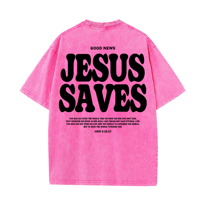 Christianartworkshop Jesus Saves Unisex Washed T-Shirt - Rosa - 5XL - image 12